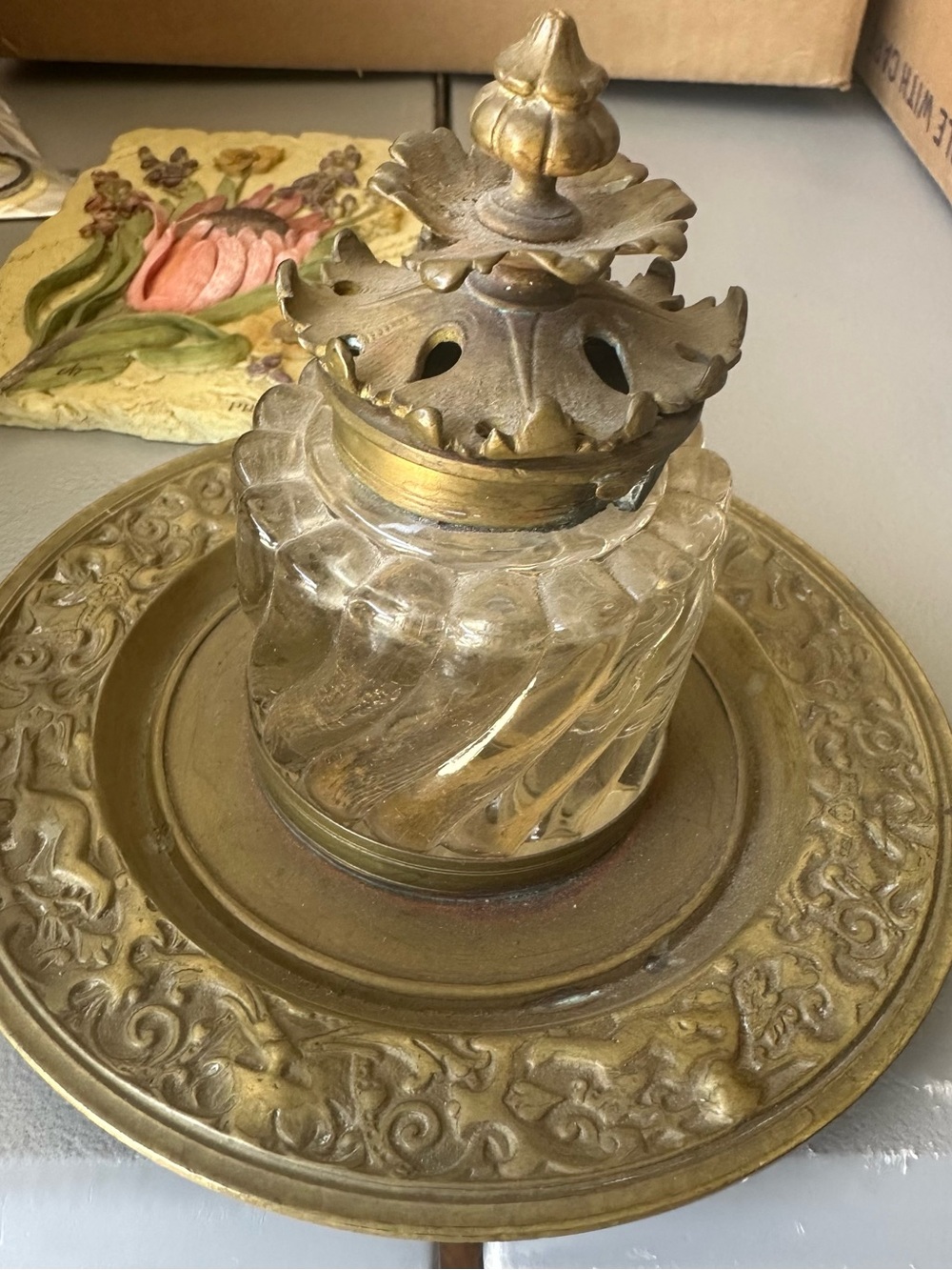 Antique-Style Brass and Glass Inkwell - Gold Finish